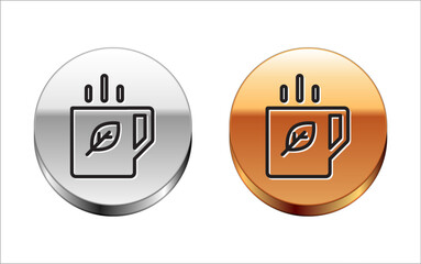 Black line Cup of tea and leaf icon isolated on white background. Silver-gold circle button. Vector