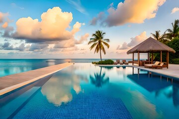 Obraz premium Stunning landscape, swimming pool blue sky with clouds.AI generated