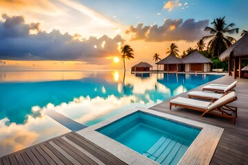 Stunning landscape, swimming pool blue sky with clouds.AI generated