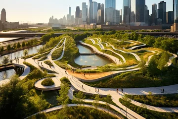 Fotobehang Aerial Drone Image of Maggie Daley Park in Chicago. Discover the Beautiful City Landscape with Amazing Architecture, Sculpture and Bridges in Illinois State. Generative AI © AIGen