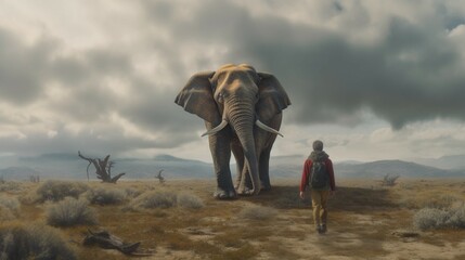 Man takes an elephant back.Generative AI