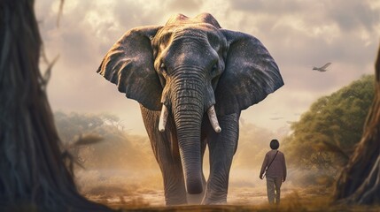 Fototapeta na wymiar Man takes an elephant back.Generative AI