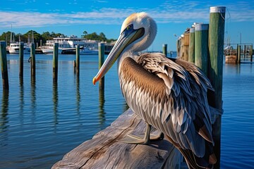 Brown Pelican on Waterfront Dock in Cedar Key, Florida - Relaxing Coastal Scene. Generative AI