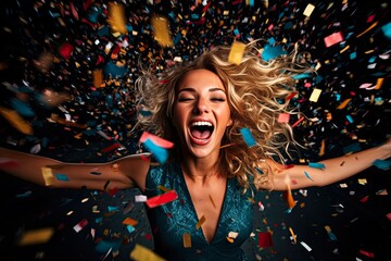 Celebrate with Confetti: Happy Woman Throwing Confetti in Celebration of Birthday, Party, and Success. Generative AI