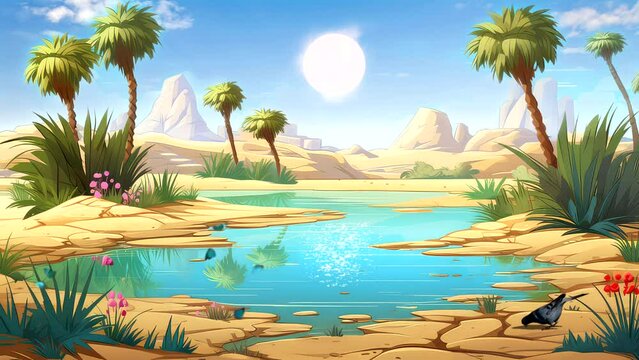 Oasis in the desert with pure water, dates palm tree, blue sky animation cartoon background video footage