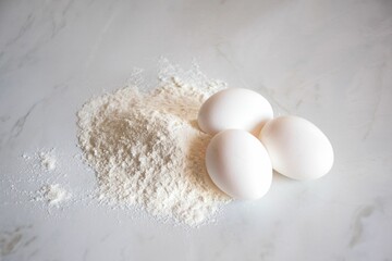 Closeup of a tabletop featuring eggs and flour.