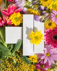 Vertical top view of white product boxes surrounded by colorful flowers