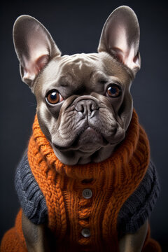 french bulldog portrait wearing clothes - french bulldog wearing pullover - Created with Generative AI technology.
