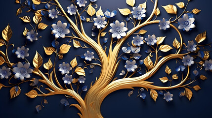 Elegant gold and royal blue floral tree with seamless leaves and flowers hanging branches illustration background. 3D abstraction wallpaper for interior mural painting wall art decor.