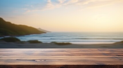 The empty wooden table top with blur background of sea on sunrise, Advertisement, Print media, Illustration, Banner, for website, copy space, for word, template, presentation.