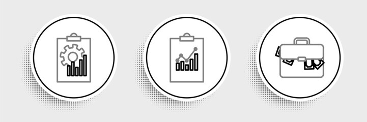 Set line Briefcase and money, Clipboard with graph chart and icon. Vector