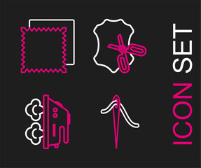 Set line Needle for sewing with thread, Electric iron, Scissors and leather and Textile fabric roll icon. Vector