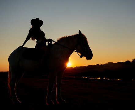 Horseback woman riding on galloping horse with red rising sun on horizon. Beautiful sunset header background with equine and girls silhouette.