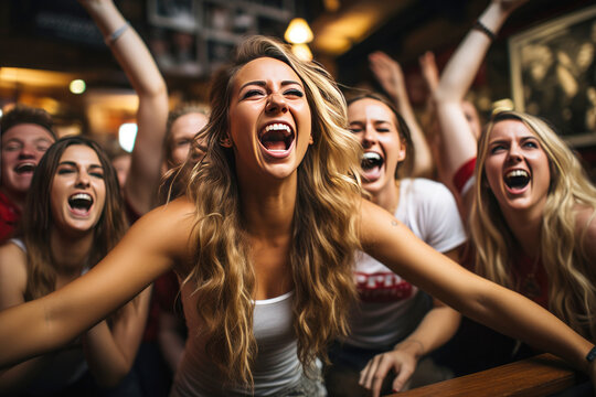 Excited young female football supporters shouting in the pub