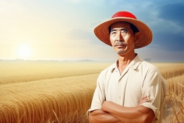 Portrait of asian farmer standing in wheat field. Generative ai