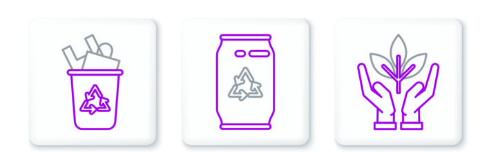 Set line Plant in hand of environmental protection, Recycle bin with recycle symbol and Can can icon. Vector