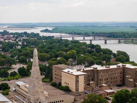 Aerial view of a cathedral near the Missouri river in Yankton, South Dakota