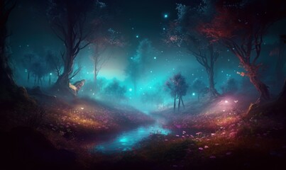 Mystical forest scene at night as digital art, Generative AI