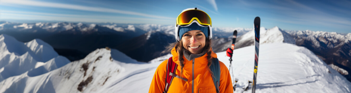 Winter sport young woman portrait on snow mountains landscape