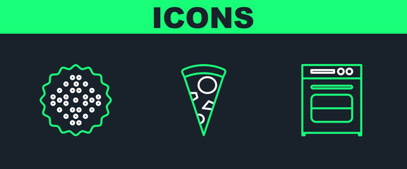 Set line Oven, Cracker biscuit and Slice of pizza icon. Vector