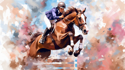 Equestrian show jumping painting illustration for competition - obrazy, fototapety, plakaty