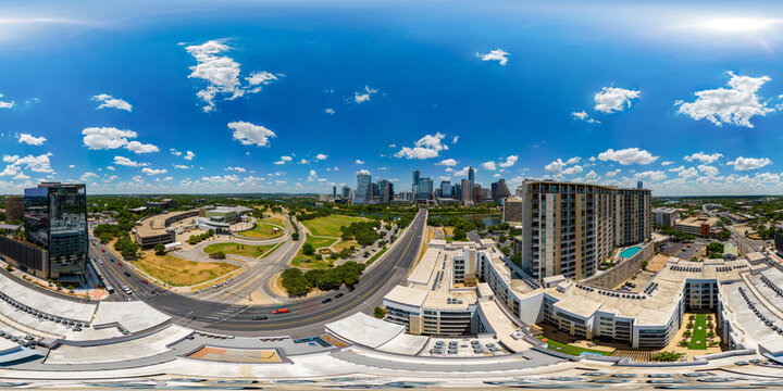 Aerial drone 360 photo austin Texas city sceneSummer 2023