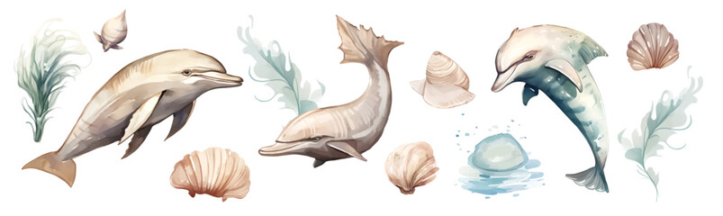 set of watercolor cute animal and plant Marine life under sea vector illustration. Cartoon ocean marine scenes isolated