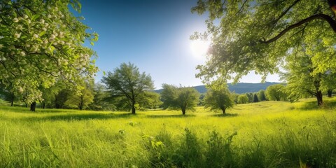 Naklejka premium Grüne Wiese mit Obstbäumen bei Sonnenschein, Generative AI