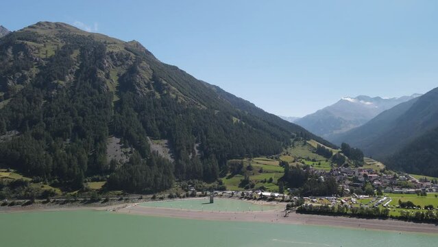Lake Reschensee in Tirol with the sunken church tower