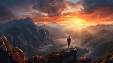 Man standing in top of the mountain with sunrise above the cloud hiking
