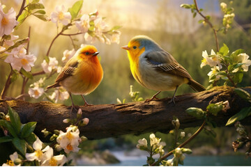 Fototapeta premium Beautiful birds sitting on a branch of a blossoming tree.