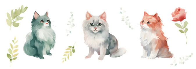 Draw vector illustration character design banner cute cat Watercolor style