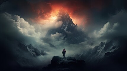 Fototapeta premium Man standing in top of the mountain with sunrise above the cloud hiking