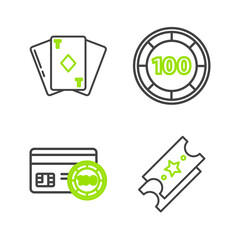 Set line Lottery ticket, Credit card, Casino chips and Playing with diamonds icon. Vector