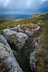 Italian trenches of the Great War at malga Pidocchio. Erbezzo, Lessinia, Veneto, Italy.