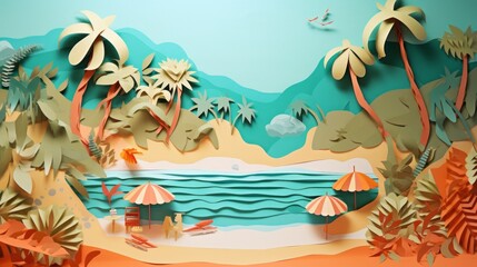 Fototapeta na wymiar Photo of a paper cut beach scene with umbrellas and palm trees created with Generative AI technology