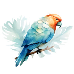 Rainbow parrot, on a twig, a beautiful wavy parrot in rainbow colors, isolated on a white background. Watercolor parrot with jungle flower