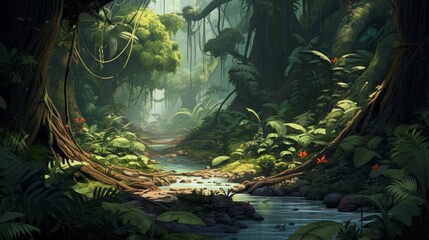 Photo of a serene forest landscape with a flowing stream created with Generative AI technology
