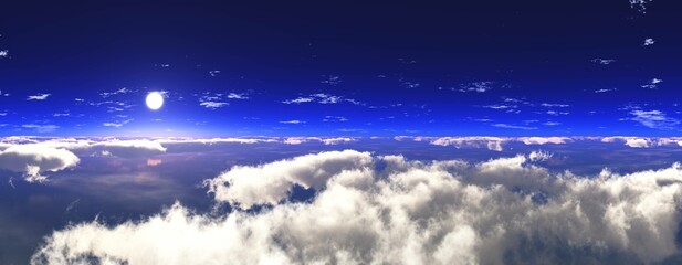 Sun above the clouds, view of clouds and sun in the sky, 3d rendering