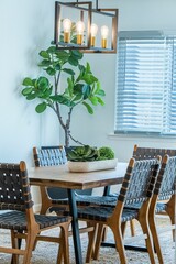 Contemporary dining room featuring a wooden dining table surrounded by modern chairs
