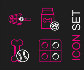 Set line Dog and pills, Pet toys bone rubber ball, Bag of food for pet and muzzle icon. Vector