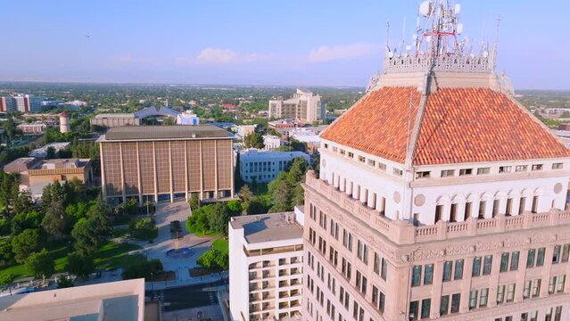 Aerial of the Pacific Southwest Building in Fresno, California on a sunny day