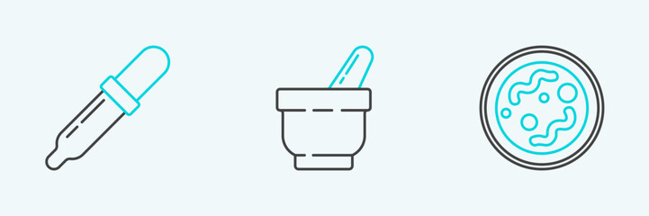 Set line Bacteria, Pipette and Mortar and pestle icon. Vector