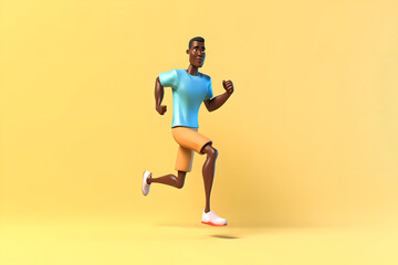 Fototapeta na wymiar Cartoon virtual avatar of a black man running and doing fitness and taking care of himself
