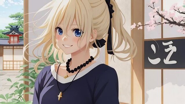 Cute anime girl, blonde, on the japanese style home background
