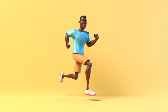 Cartoon virtual avatar of a black man running and doing fitness and taking care of himself