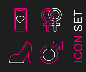 Set line Male gender symbol, Woman shoe with high heel, Female and Mobile phone heart icon. Vector