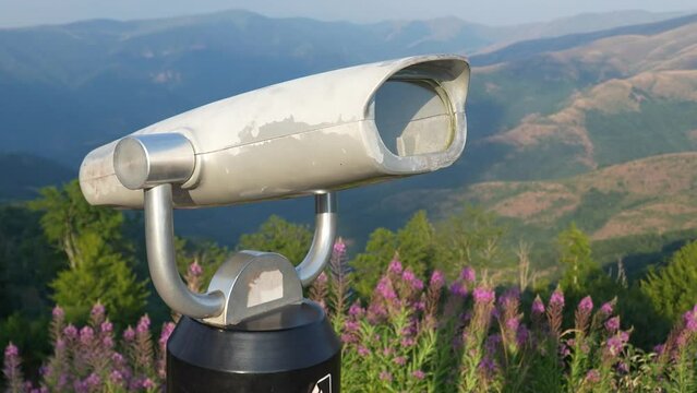 touristic telescope closeup metal monocular viewpoint observe mountain