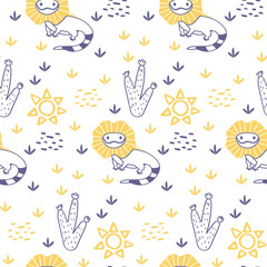 Vector sticker pattern with lizard.Tropical jungle cartoon creatures.Pastel animals background.Cute natural pattern for fabric, childrens clothing,textiles,wrapping paper.