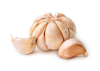 Single fresh white garlic bulb with segments isolated on white background with clipping path and shadow in png file format Thai herb is great for healing several severe diseases, heart attack